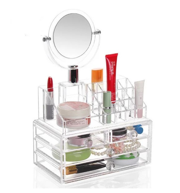 Настільний прозорий органайзер для косметики із дзеркалом GW-888 Косметична акрилова міні-шафка бокс - мініатюра 3