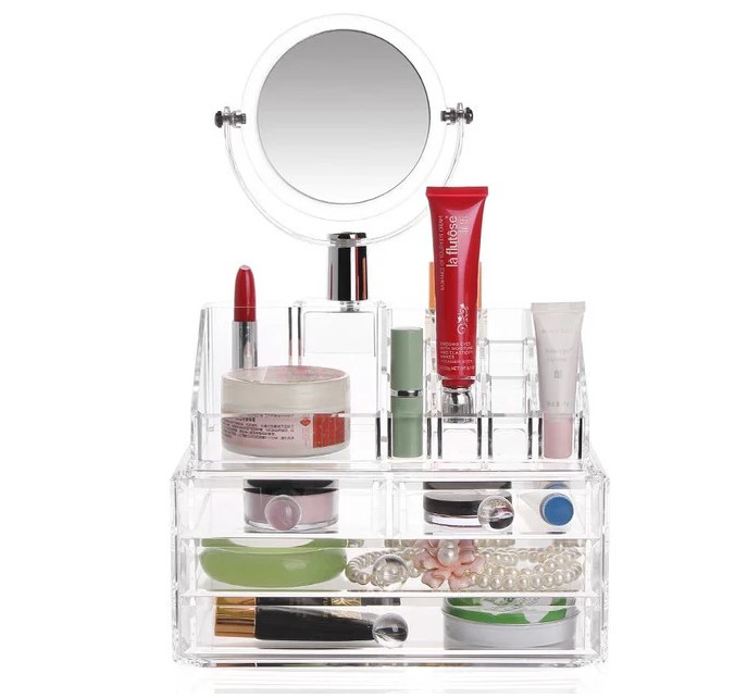 Настільний прозорий органайзер для косметики із дзеркалом GW-888 Косметична акрилова міні-шафка бокс - мініатюра 7