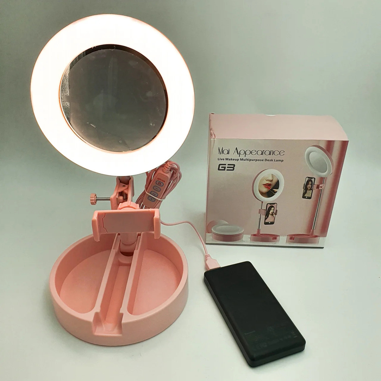 Косметичне складне дзеркало з LED підсвічуванням для макіяжу 3 в 1 Тримач телефону + органайзер для косметики - мініатюра 5