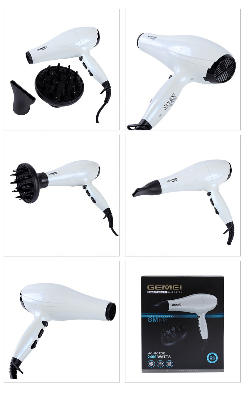 Фен Gemei GM-105 ∙ Домашній потужний фен з насадкою - дифузор та концентратор, 2400 Вт ∙ Білий - мініатюра 5