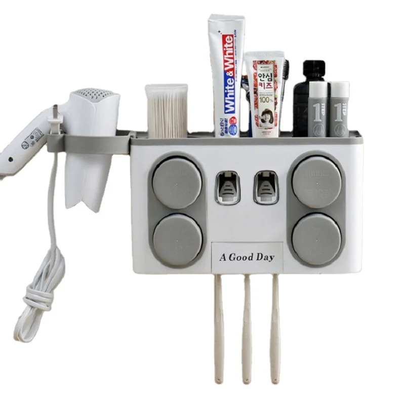 Органайзер для ванної кімнати · Тримач зубних щіток · Дозатор – диспенсер зубної пасти · Полиця для косметичних засобів з держателем для фена