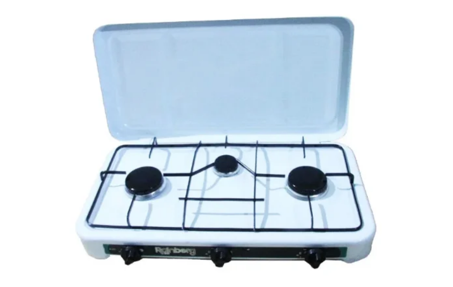 Газова плита Rainberg RB-003 на три конфорки ∙ Триконфоркова настільна плитка – таганок з кришкою Біла