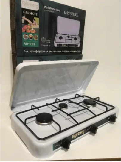 Газова плита Rainberg RB-003 на три конфорки ∙ Триконфоркова настільна плитка – таганок з кришкою Біла - мініатюра 2