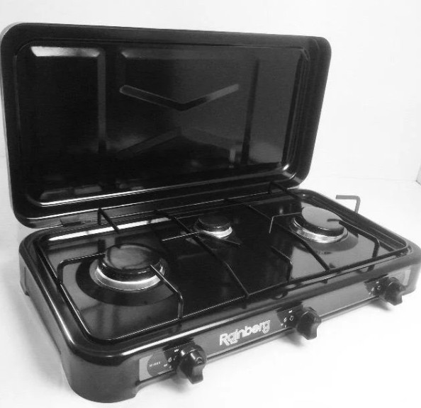 Газова плита Rainberg RB-003 на три конфорки ∙ Триконфоркова настільна плитка – таганок з кришкою Чорна
