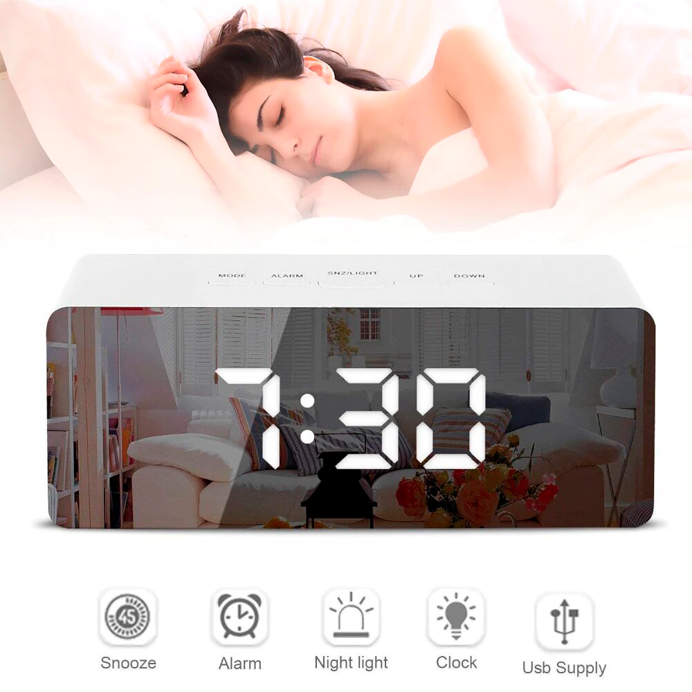 Стильний настільний дзеркальний годинник DS-3658L на батарейках з термометром ∙ Будильник ∙ Дата ∙ Календар ∙ Температура ∙ LED Підсвічування - мініатюра 5