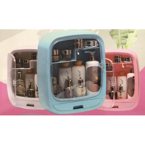 Органайзер – бокс для зберігання косметики з прозорими дверцятами, білий / рожевий / блакитний - мініатюра 2