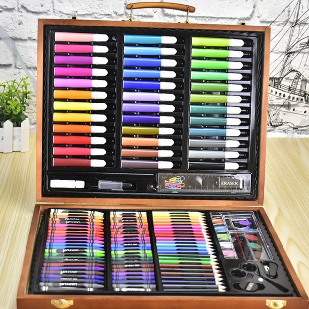 Дитячий набір для малювання та творчості Kartal на 150 предметів у дерев'яній валізі - мініатюра 4