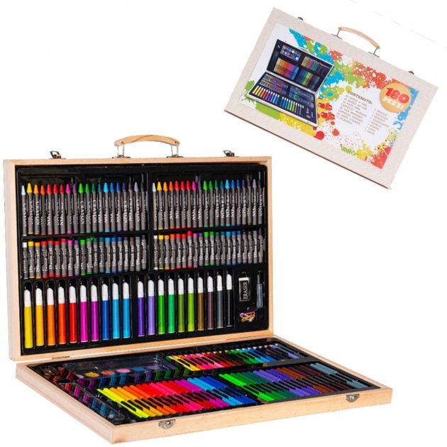 Дитячий набір для малювання та творчості 180 предметів у дерев'яній валізці-кейсі