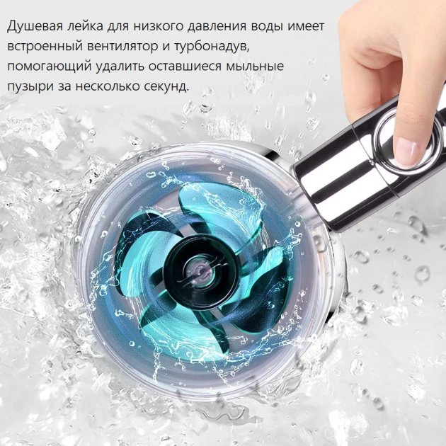 Водозберігаюча лійка – насадка для душу з пропелером TURBOCHARGED SHOWER HEAD ∙ Унікальний малюнок води ∙ Функція Стоп ∙ Обертання на 360° - мініатюра 3