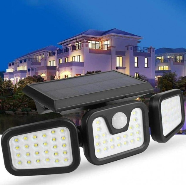 Вуличний світлодіодний LED світильник FL-1725A Split Solar WallLamp на сонячній батареї з датчиком руху ∙ Зовнішній потрійний ліхтар – прожектор ∙ 70 світлодіодів ∙ 1500 Лм ∙ Акумулятор 1500 мАг