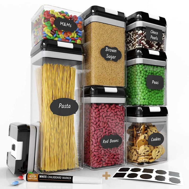 Набір контейнерів FOOD Storage Container Set для зберігання їжі, сипких та круп ∙ 7 ємностей з герметичними кришками ∙ 10 стікерів - етикеток + маркер у комплекті