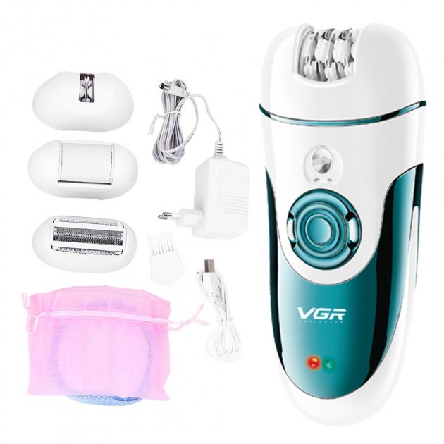 Бездротовий епілятор з підсвіткою VGR V-700 ∙ 4 змінні насадки ∙ USB зарядка