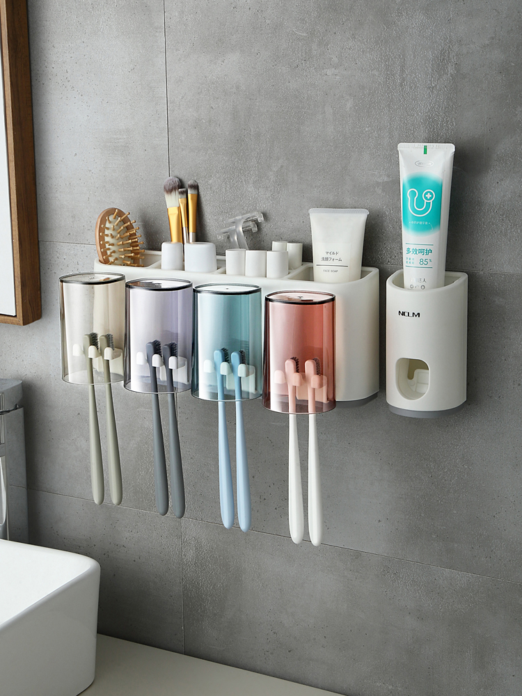 Настінний органайзер - тримач зубних щіток з отворами для зберігання приладдя для ванної кімнати + Автоматичний диспенсер зубної пасти - мініатюра 2