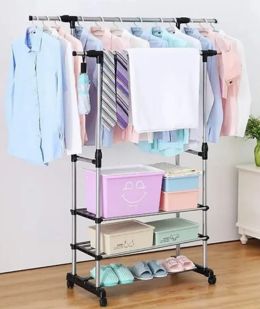 Телескопічна пересувна стійка – вішалка Colgador doble ajustable із полицями для одягу