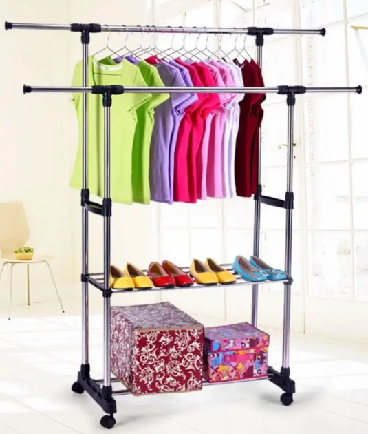 Телескопічна пересувна стійка – вішалка Colgador doble ajustable із полицями для одягу - мініатюра 2