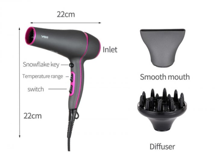 Професійний потужний фен VGR V-402 з насадками концентратором та дифузором, 2200 Вт - мініатюра 6