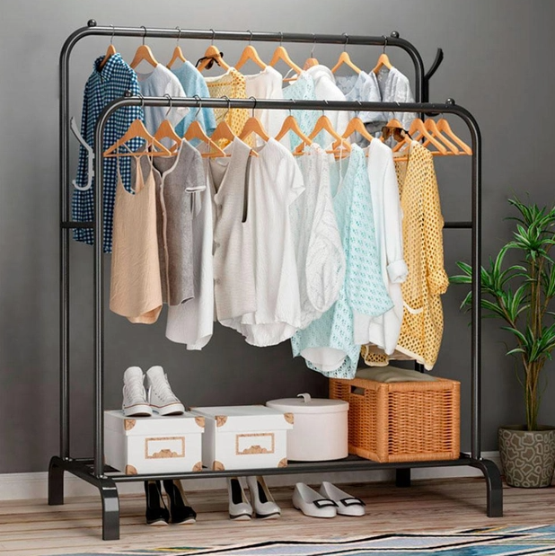 Подвійна стійка – вішалка для одягу Double floor Hanger з полицею для взуття, Ш104хГ41.5хВ152