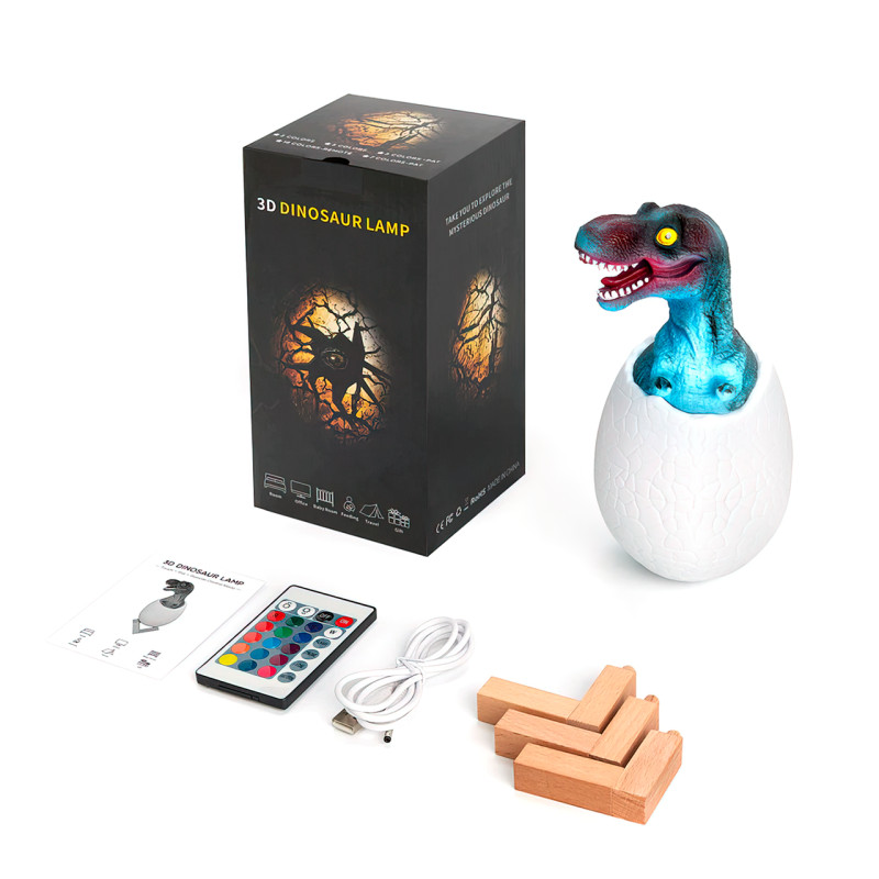 Нічник – світильник Динозаврик в яйці 3D Dinosaur White+RGB Настільна акумуляторна LED лампа з пультом ДУ - мініатюра 2