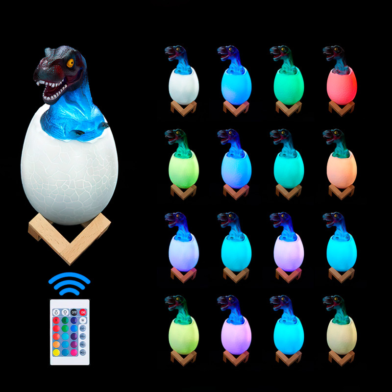 Нічник – світильник Динозаврик в яйці 3D Dinosaur White+RGB Настільна акумуляторна LED лампа з пультом ДУ - мініатюра 3