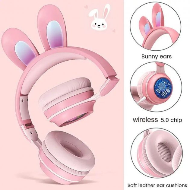 Дитячі навушники з вушками кролика Picun B12 ∙ Бездротові стерео навушники «Зайчик» з мікрофоном та LED підсвічуванням ∙ Чорні / Рожеві - мініатюра 4