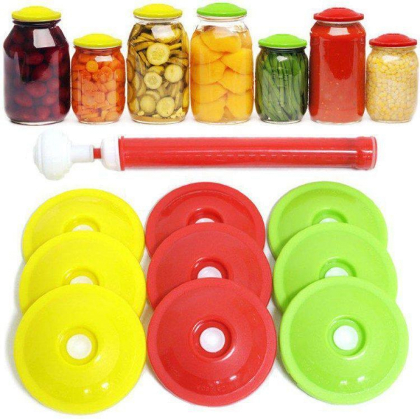 Вакуумна система ВАКС, 9 кришок + насос ∙ Вакуумні кришки для консервації та тривалого зберігання продуктів