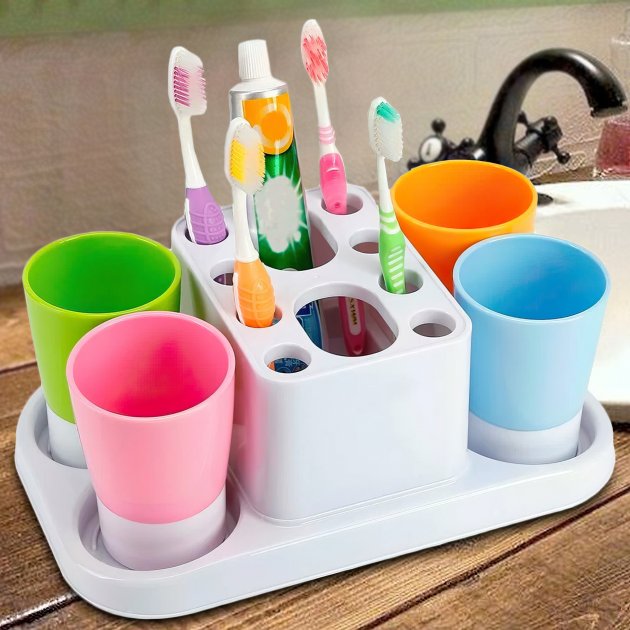 Органайзер для зубних щіток HAPPY FAMILY WASH GARGLE SUIT з дозатором пасти та індивідуальними стаканчиками для всієї родини - мініатюра 3