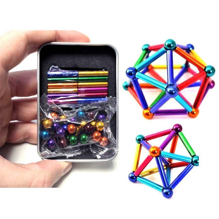 Магнітний конструктор Magnastix Neo MIX COLOR Buckyballs & Buckybars Neocube Неокуб головоломка - антистрес, 64 деталі - мініатюра 2