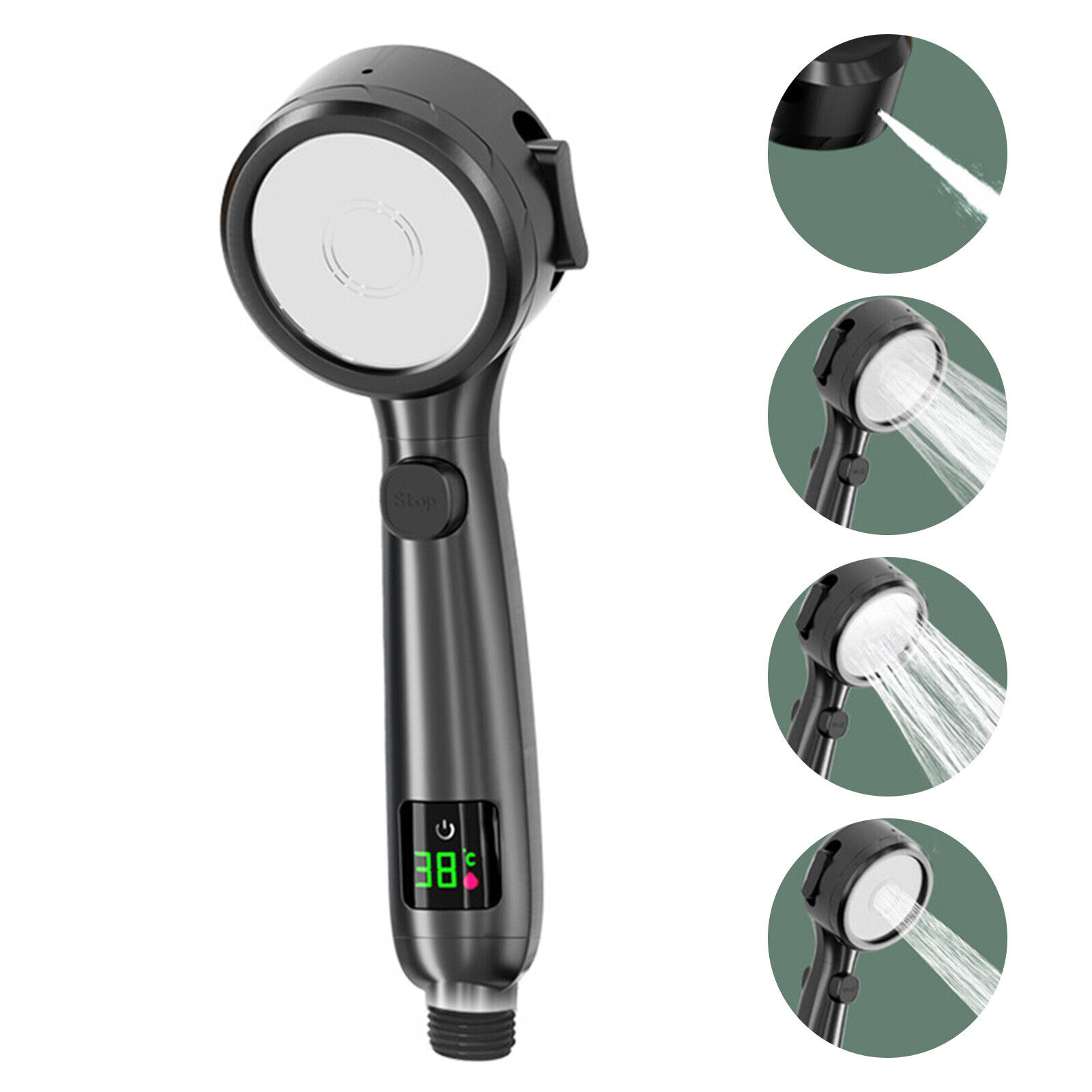 Інноваційна лійка для душу з індикатором температури · 4 режими струменя · Режим водозбереження · Кнопка Стоп