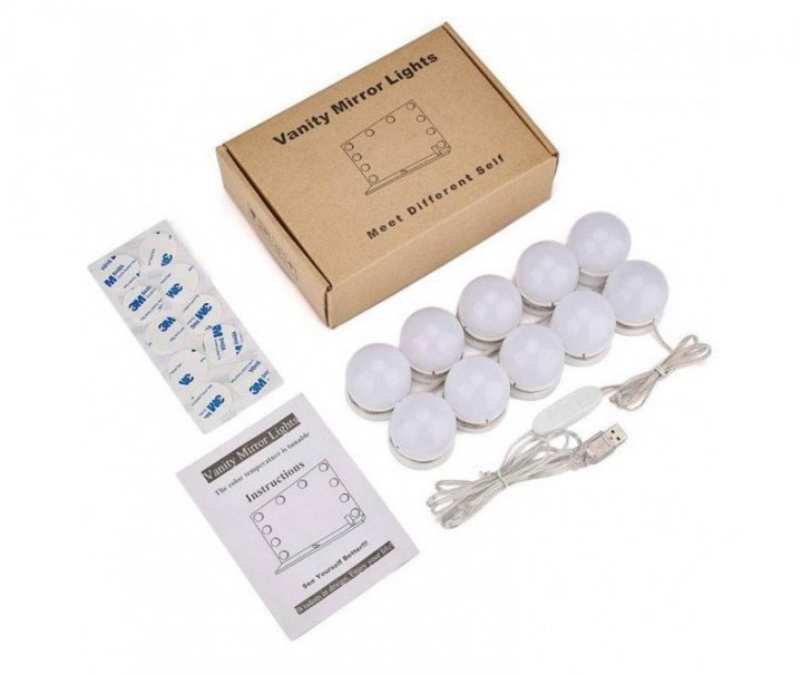 LED лампочки для підсвічування гримерного дзеркала VANITY MIRROR LIGHTS на липучках ∙ Освітлення для макіяжу з регулюванням яскравості ∙ 10 ламп ∙ 3 режими ∙ USB - мініатюра 5