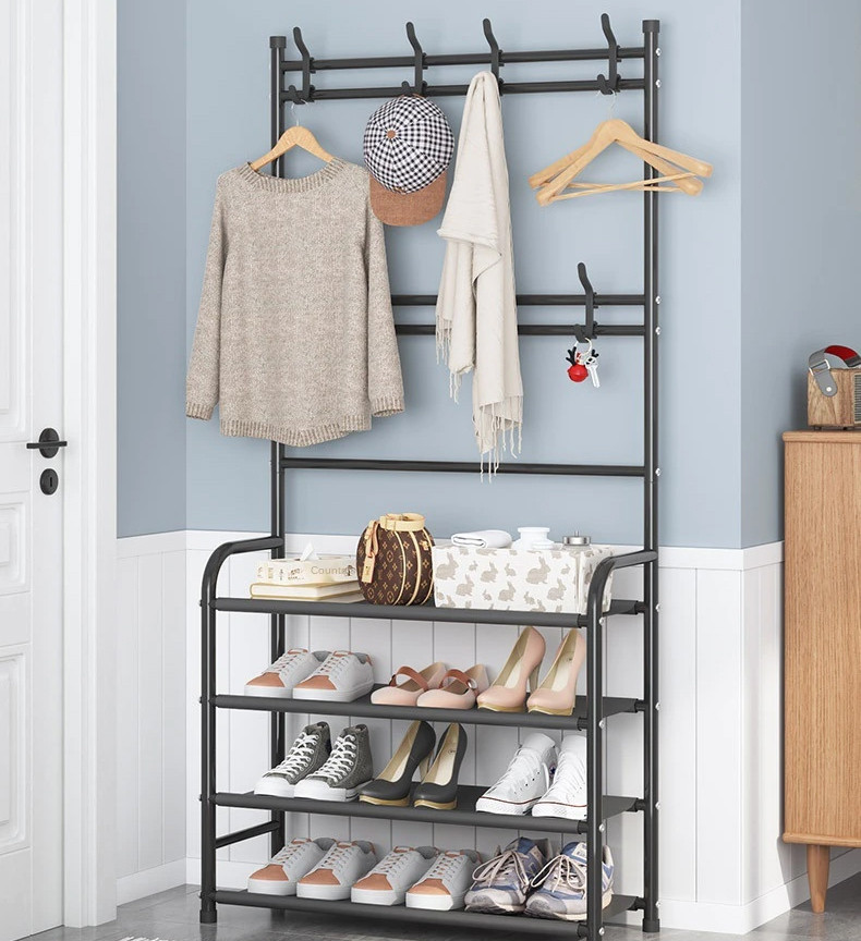 Збірна стійка - вішалка підлогова для одягу з полицями для взуття New simple floor clothes rack - мініатюра 5