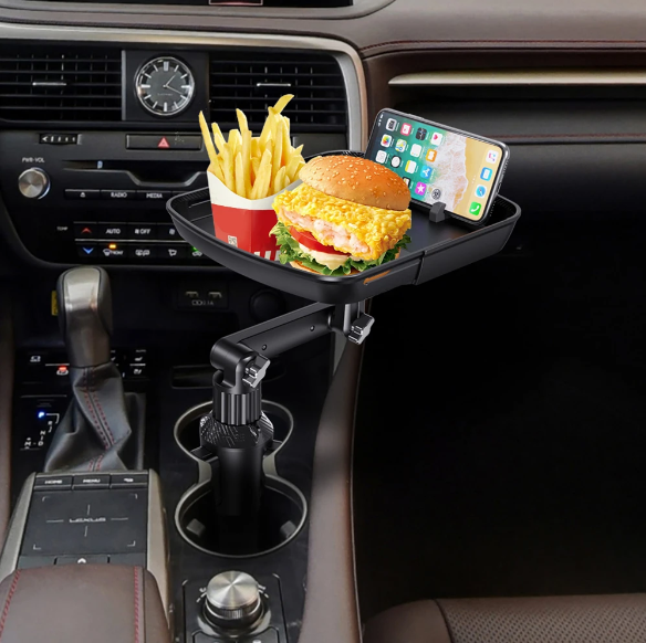 Складаний автомобільний столик – органайзер у підсклянник з висувним тацею та тримачем телефону - мініатюра 3