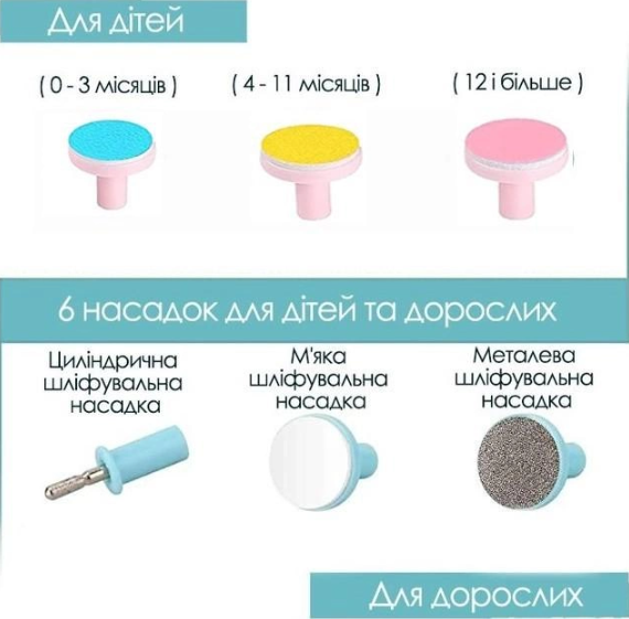 Дитячий триммер для нігтів 6 в 1 Манікюрний набір для дітей та дорослих з насадками для шліфування та полірування в комплекті - мініатюра 4