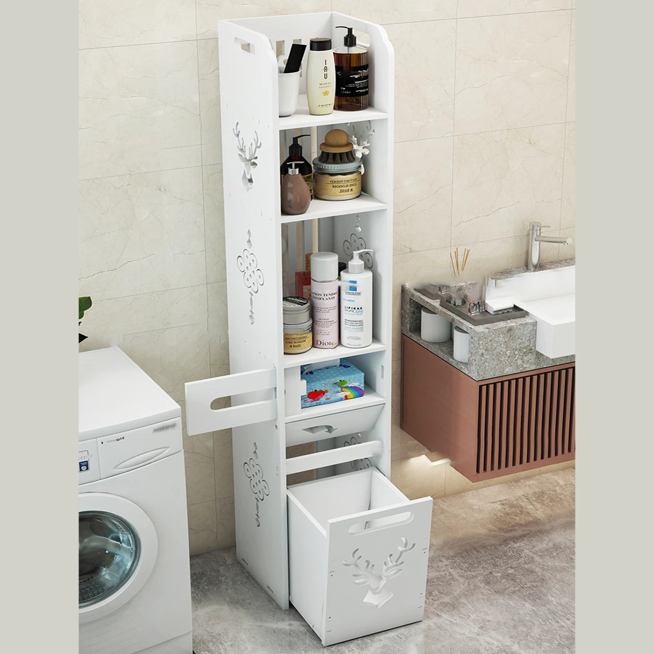 Полиця-стелаж для ванної кімнати та туалету PK-08 · Етажерка вузька з шафками для туалетних аксесуарів та відсіком для паперу