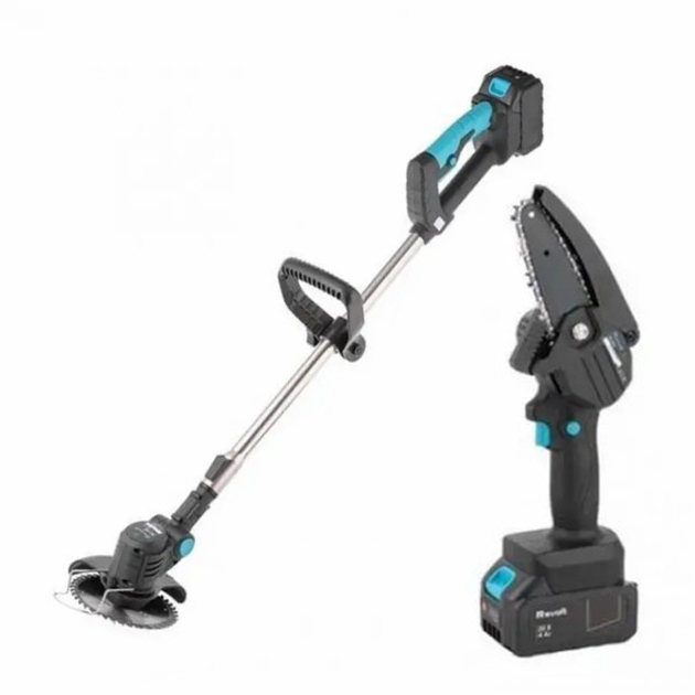 Бездротова акумуляторна коса + міні пила KRAFFTEC 48V 4inch (10 см) · Набір садового інструменту 2 в 1 Ланцюгова пилка для обрізки гілок дерев, чагарників та Триммер для трави