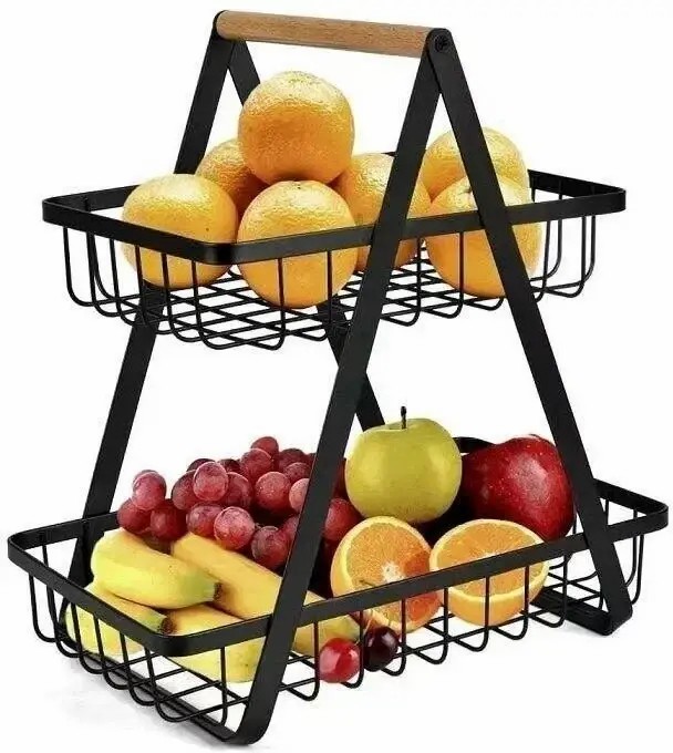 Настільний двоярусний кошик - фруктівниця з дерев'яною ручкою Double Fruit Basket · Розбірний металевий кошик для фруктів