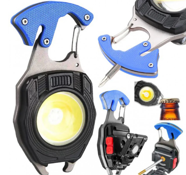 Багатофункціональний туристичний мультитул з LED ліхтариком на карабіні 5147 · Мультитул для кемпінгу 7 в 1: Ліхтар, свисток, запальничка, різак, викрутка, відкритка