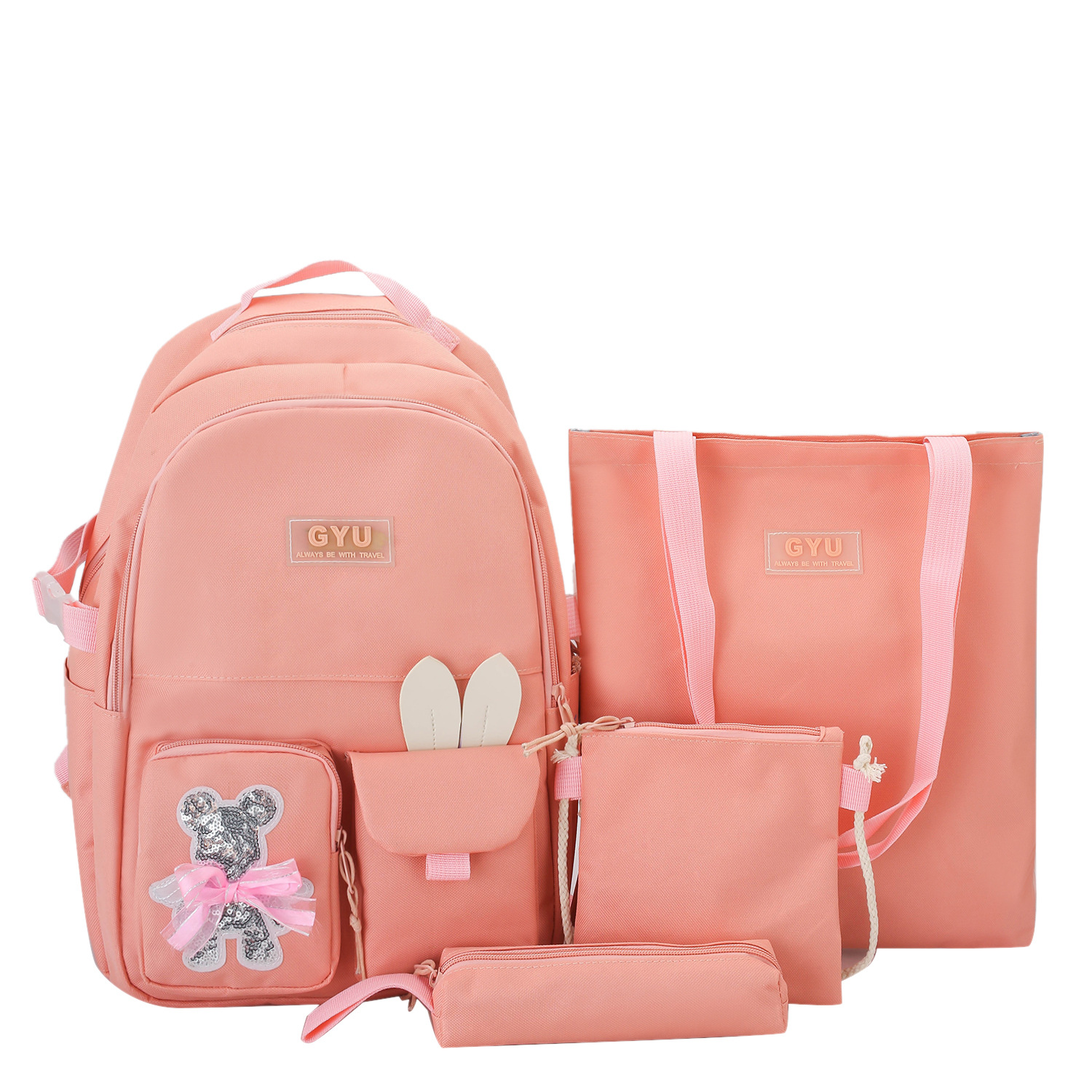 Набір для школяра 4 в 1 · Рюкзак, сумка - шоппер, косметичка та пенал · Чорний / рожевий / блакитний / м'ятний