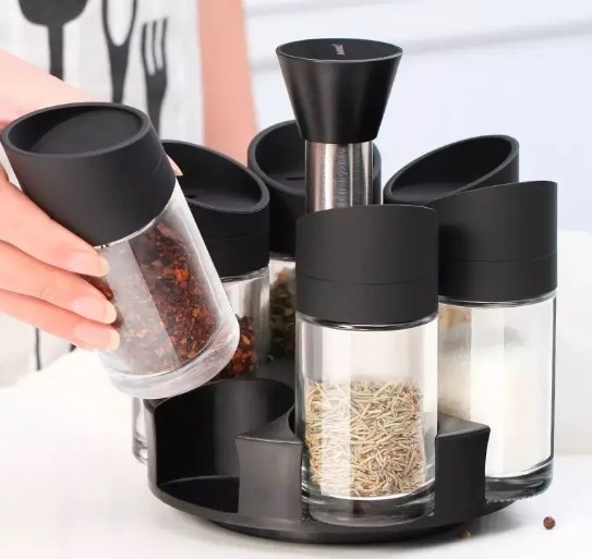 Набір ємностей для спецій Especia, 6 баночок на підставці ∙ Карусель для приправ - спецівниця ∙ Чорна