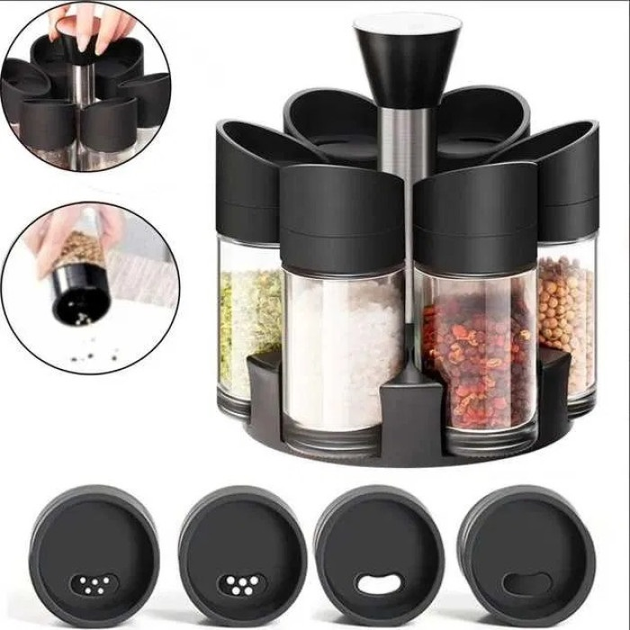 Набір ємностей для спецій Especia, 6 баночок на підставці ∙ Карусель для приправ - спецівниця ∙ Чорна - мініатюра 2