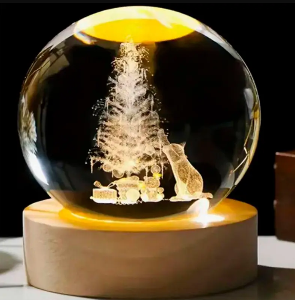 Декоративний Новорічний 3D нічник Кришталева Куля 8 см · Настільна лампа - світильник з 3D ефектом з новорічною тематикою