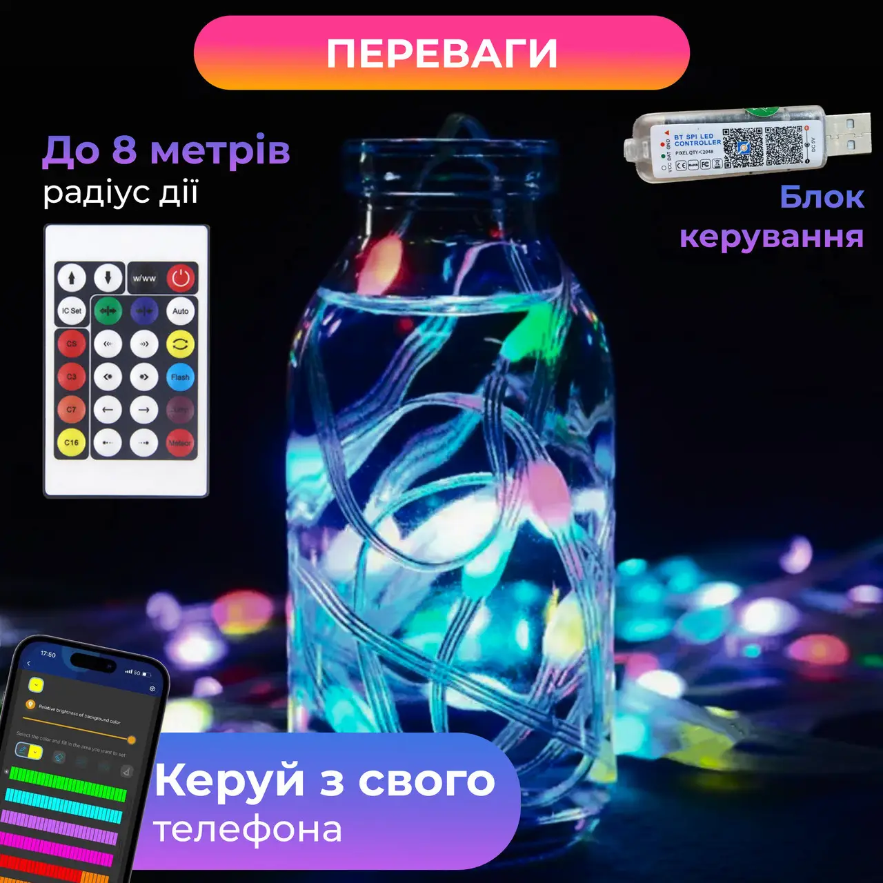 Розумна гірлянда на ялинку Кінський хвіст Smart 200 LED, 2 метри з керуванням зі смартфона Різнокольорові новорічні RGB вогні, 16 кольорів ∙ Зелений провід - мініатюра 4