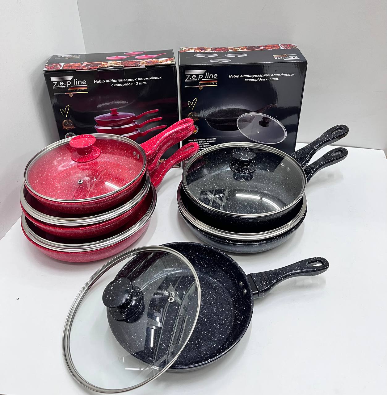 Набір алюмінієвих сковорідок з антипригарним покриттям і скляними кришками Zepline ZP-700 (3 шт)