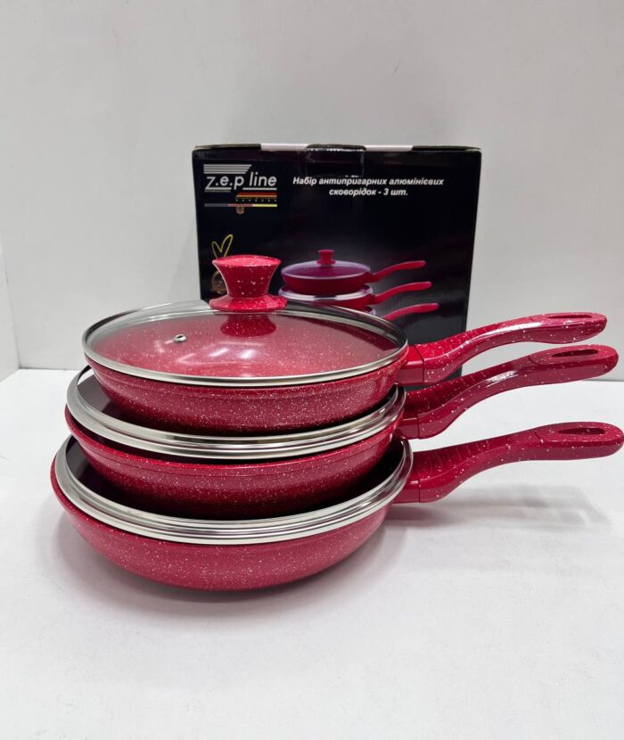 Набір алюмінієвих сковорідок з антипригарним покриттям і скляними кришками Zepline ZP-700 (3 шт) - мініатюра 2