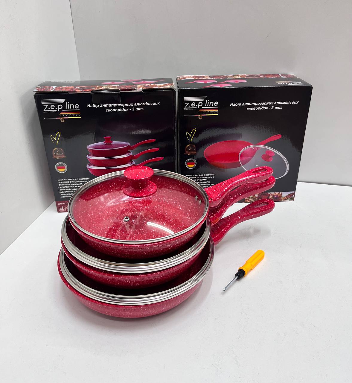 Набір алюмінієвих сковорідок з антипригарним покриттям і скляними кришками Zepline ZP-700 (3 шт) - мініатюра 3
