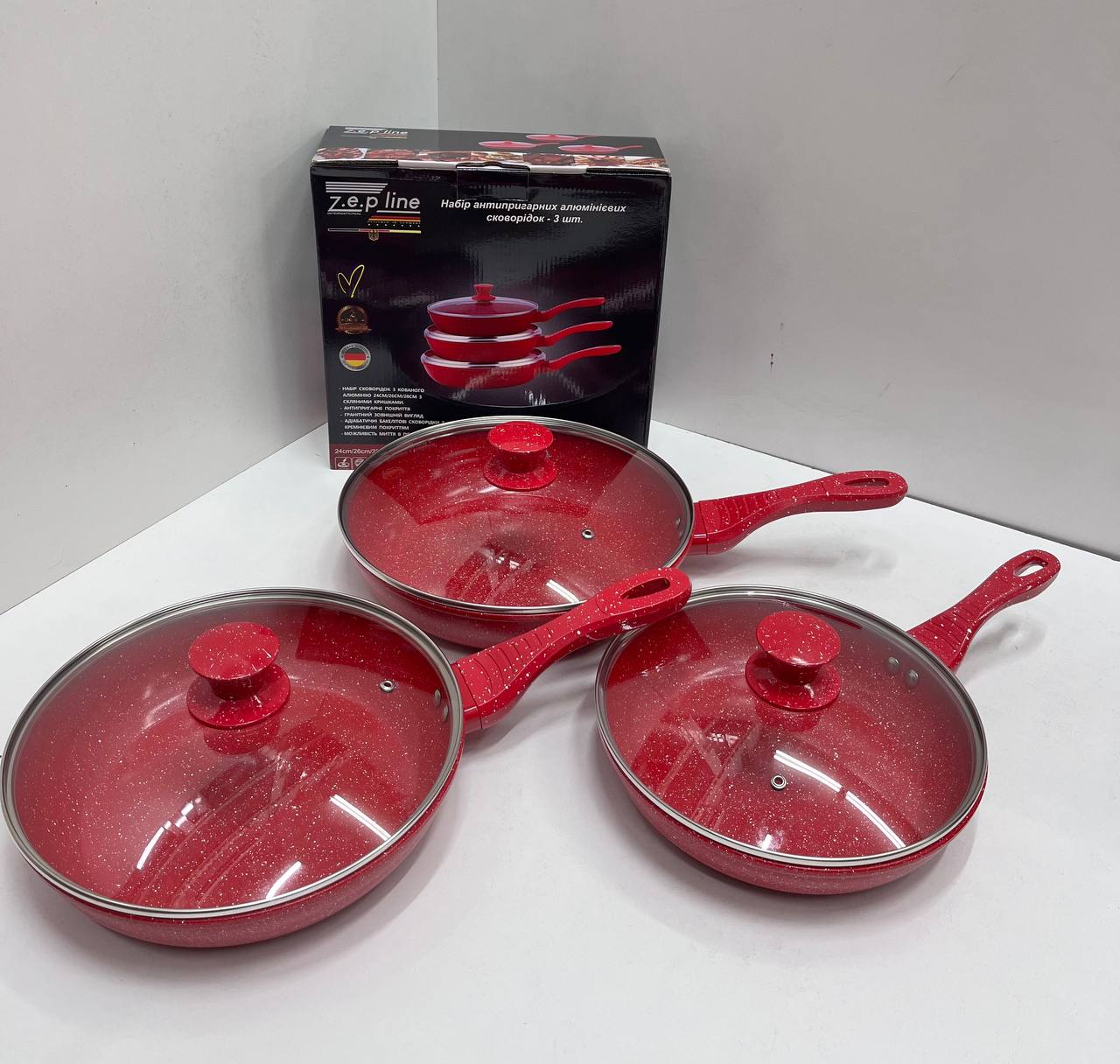 Набір алюмінієвих сковорідок з антипригарним покриттям і скляними кришками Zepline ZP-700 (3 шт) - мініатюра 4