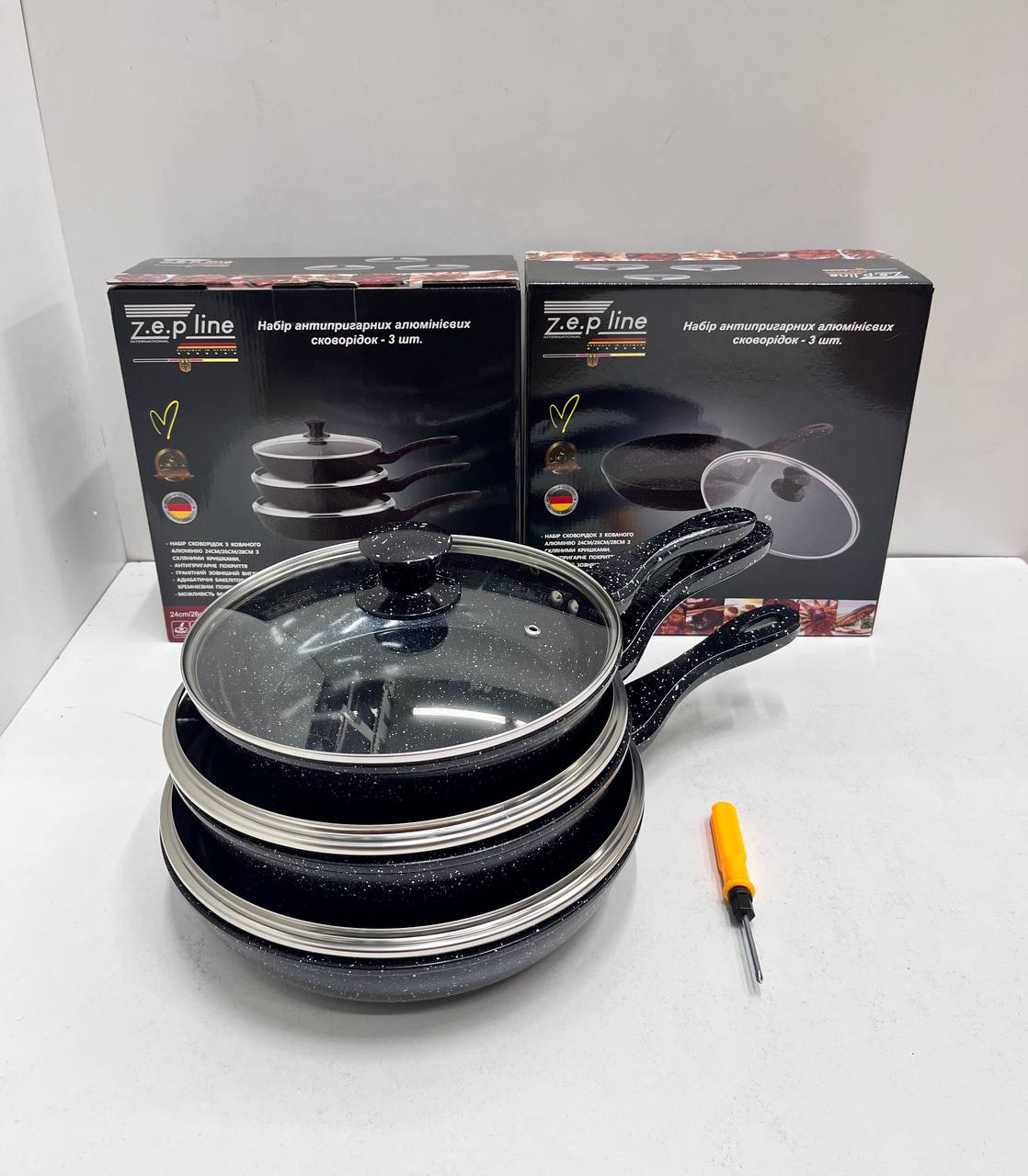 Набір алюмінієвих сковорідок з антипригарним покриттям і скляними кришками Zepline ZP-700 (3 шт) - мініатюра 5