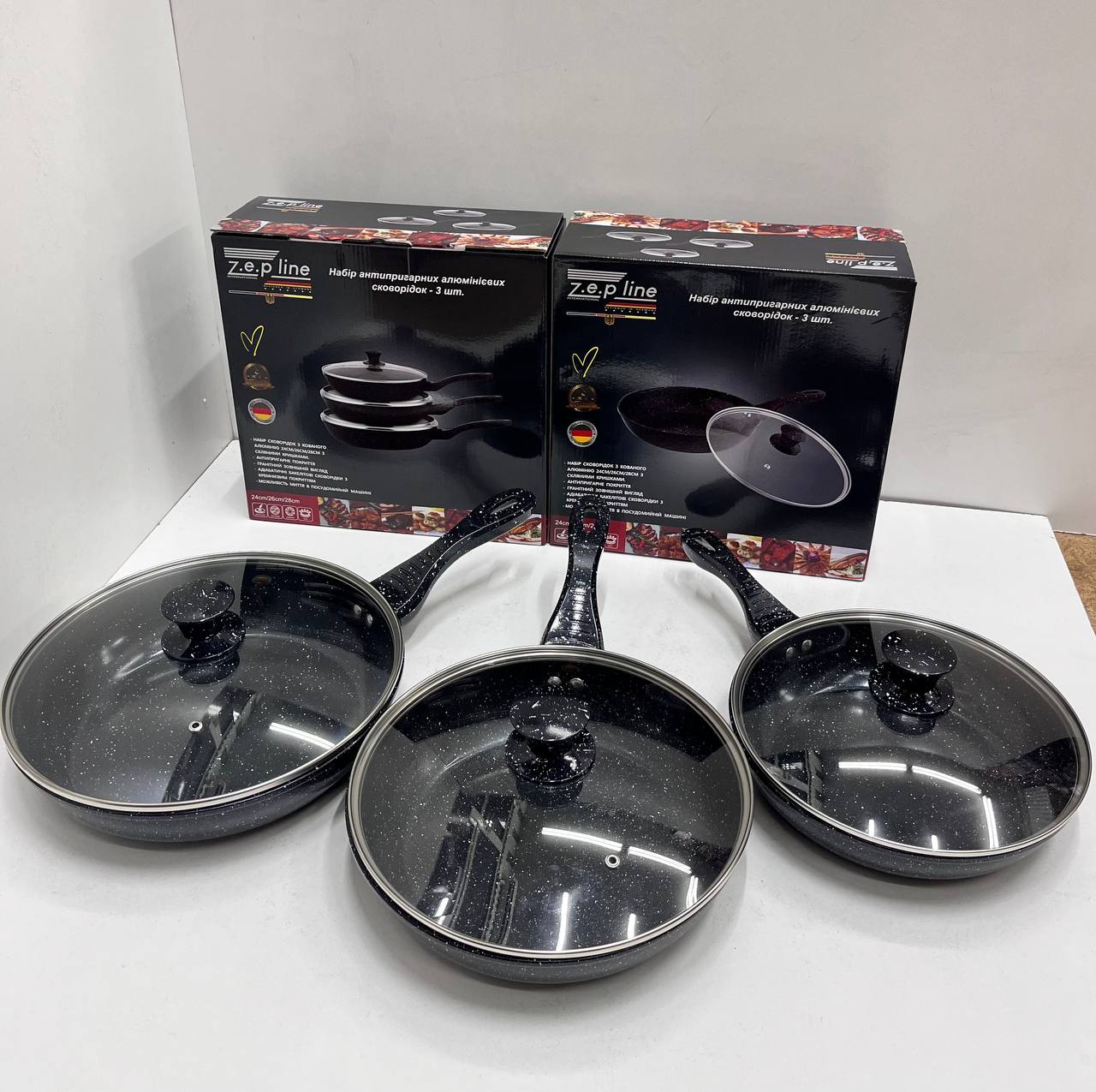 Набір алюмінієвих сковорідок з антипригарним покриттям і скляними кришками Zepline ZP-700 (3 шт) - мініатюра 6