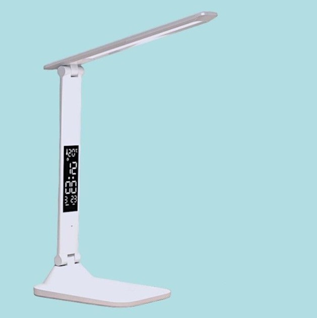 Акумуляторна LED лампа 801S з годинником, календарем, термометром • Лампа настільна бездротова з дисплеєм та органайзером для ручок