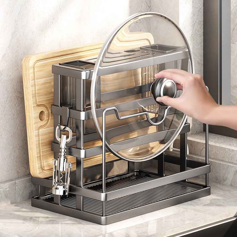 Кухонна стійка - підставка для посуду Dining 3888 · Настільний металевий органайзер для зберігання ножів, приладів з піддоном та тримачем для кришки