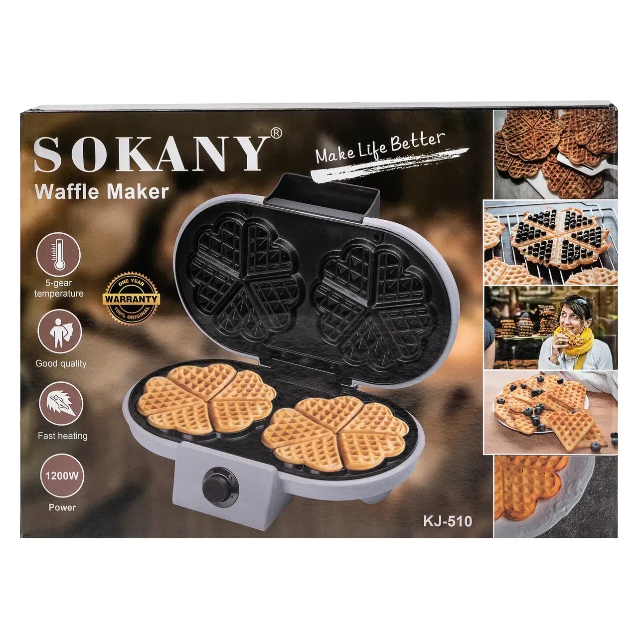 Вафельниця для бельгійських вафель 1200 Вт Sokany KJ-510 у формі серця, 10 шт ∙ Антипригарне покриття - мініатюра 2